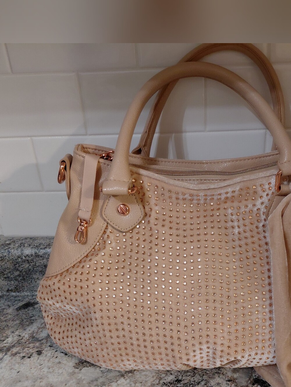 Betsey Johnson Tan Velvet Faux Leather Rose Gold Studded Satchel Purse W/Strap
